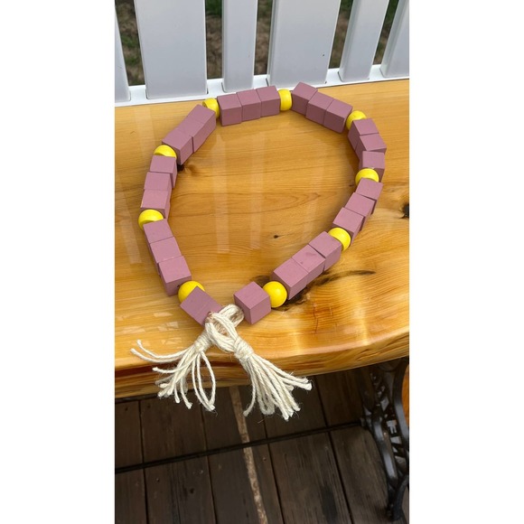 Chunky Wooden Mauve and Yellow Beaded Garland with Jute Tassels - Picture 2 of 10